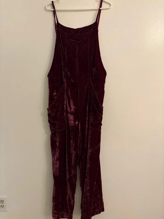 Free People Velvet Jumpsuit Wide Leg Burgundy Boho Overalls Adjustable Large - Picture 9 of 11